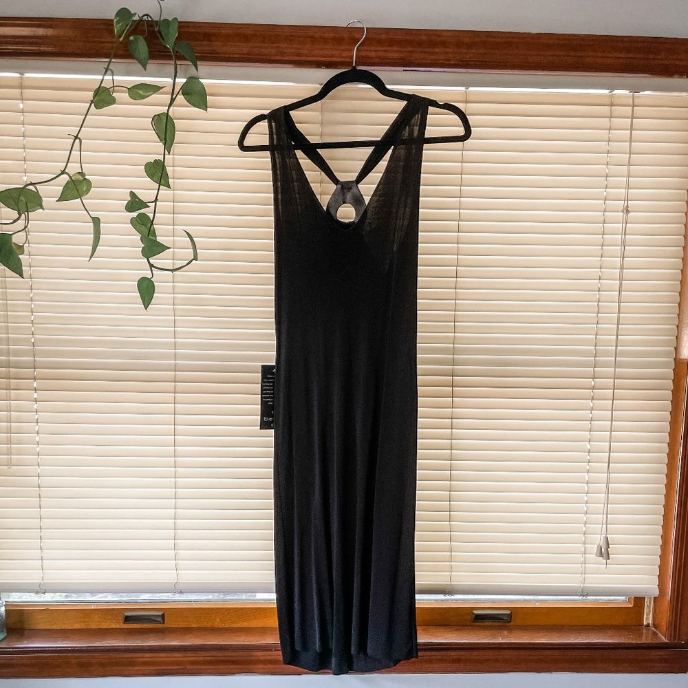 BEBE (NWT) - Black Midi Slip-On Shift Dress w/ Leather Back Detail